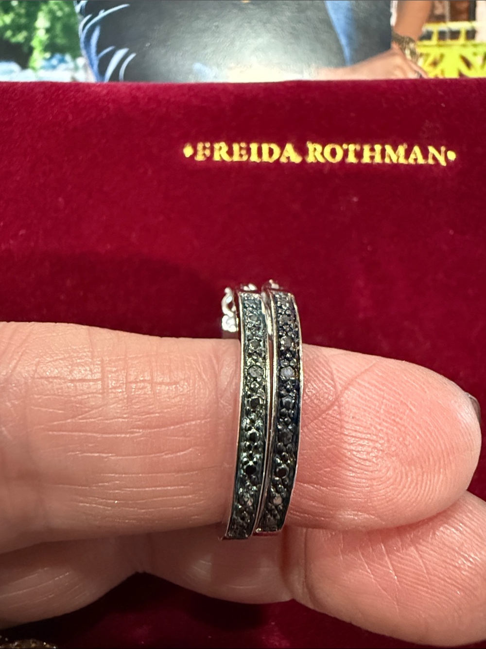 Freida Rothman Sterling Silver Black Diamond Hoop Earrings